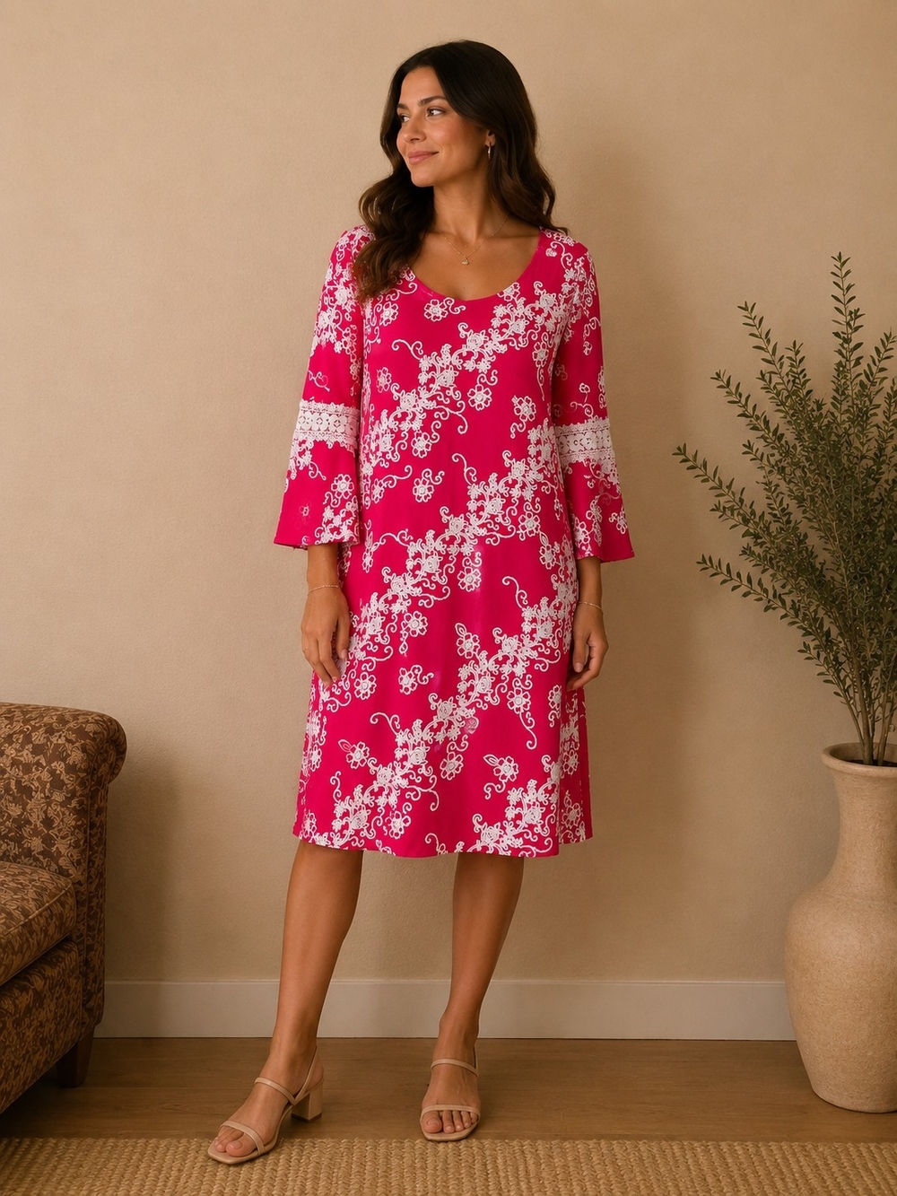 Glamour Hot Pink & White Floral-Print Midi Dress